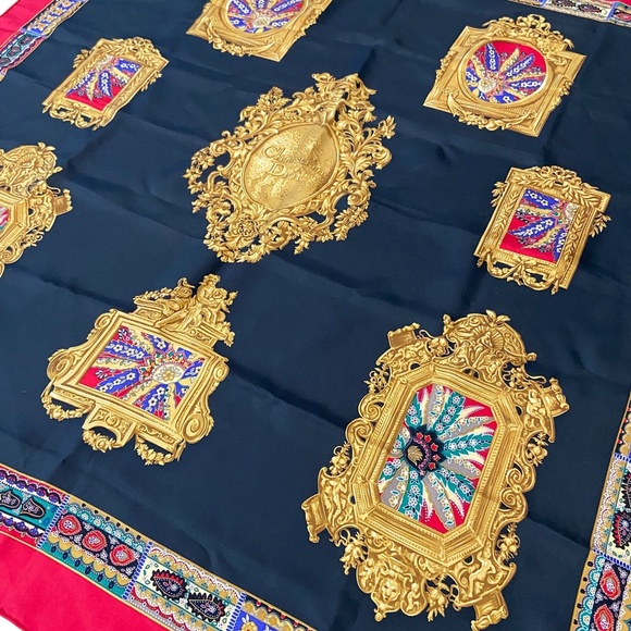 Christian Dior Silk Scarf w/ COA Baroque Frame Print– Black Red Gold– Authentic - Picture 3 of 9